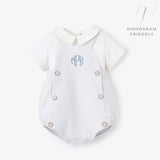 Baby blue seersucker overall with bubble hem and collared shirt- monogram available