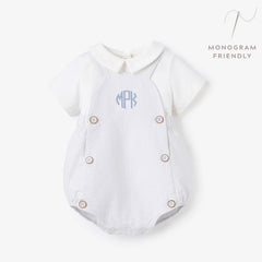 Baby blue seersucker overall with bubble hem and collared shirt- monogram available