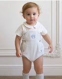 Baby blue seersucker overall with bubble hem and collared shirt- monogram available