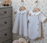 Baby blue seersucker overall with bubble hem and collared shirt- monogram available