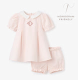 Baby blue seersucker overall with bubble hem and collared shirt- monogram available