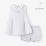 Baby blue seersucker overall with bubble hem and collared shirt- monogram available