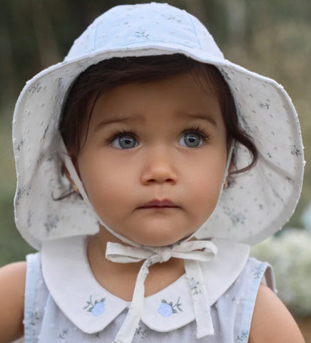 Printed blue english rose swiss dot bubble baby outfit with embroidered collar, 3-6 months