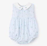 Printed blue english rose swiss dot bubble baby outfit with embroidered collar, 3-6 months