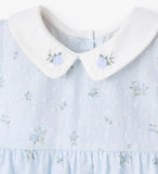 Printed blue english rose swiss dot bubble baby outfit with embroidered collar, 3-6 months