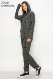 Comfy hoodie top in our charcoal stars print cozy brushed jersey