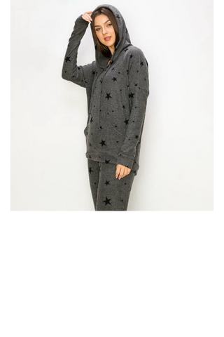 Comfy hoodie top in our charcoal stars print cozy brushed jersey