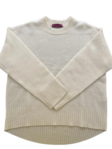 Cashmere crew neck with curved hem and chunky rib details *available in cream, black, and h. grey
