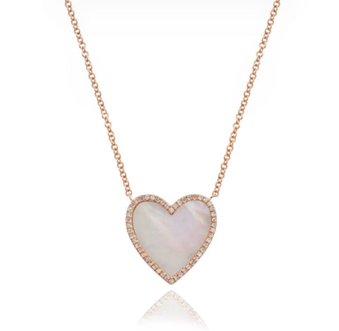 14K yellow gold mother of pearl heart necklace with diamonds