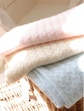 Baby blanket  in 100% cable knit cashmere in ivory, sky and ballet pink *available to be monogrammed