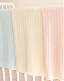 Baby blanket  in 100% cable knit cashmere in ivory, sky and ballet pink *available to be monogrammed