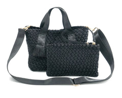 Braided black neoprene tote with detachable cross body strap and detachable mini braided bag inside!