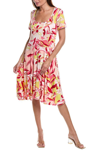 Pink/Citrus/Ivory Floral Swirl Printed Jersey Fit and Flare Dress