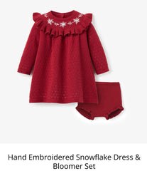 Snowflake embroidered sweater knit baby dress with matching bloomers in red