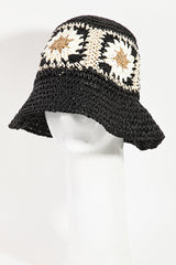 Straw Crochet Bucket in Black or Tan Daisy Hat