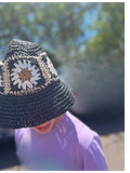 Straw Crochet Bucket in Black Daisy Hat