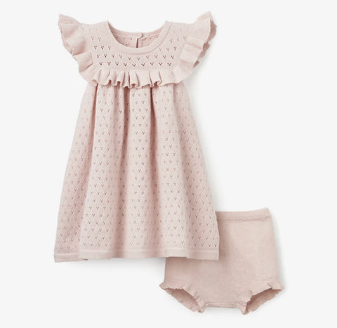Pointelle sweater knit dress with matching diaper cover in blush