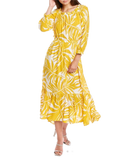 Ruffled Printed Textured Breathable Rayon Crepe Dress with elastic waist and self belt in golden yellow floral print