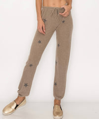 Star print in mocha lounge cozy jersey pants with elastic drawstring pants with elastic at ankles