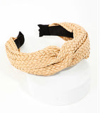Straw braided twist top knot raffia headband available in khaki and black