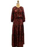 Printed Silk dress with 3/4 sleeves and tired skirt