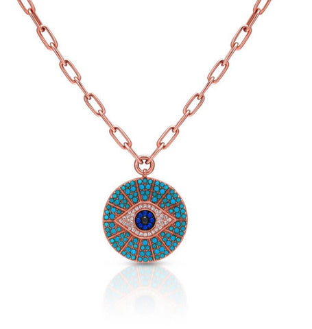 Turquoise and diamond evil eye on chain necklace