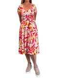 Pink/Citrus/Ivory Floral Swirl Printed Jersey Fit and Flare Dress