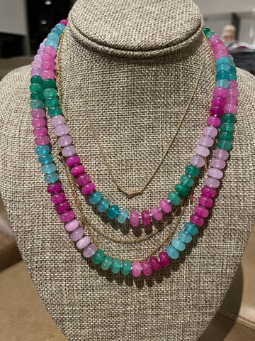 Beaded semi precious Multi tones of pinks, greens and blues necklace hand knotted light blue silk with 14K yellow gold clasp