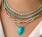 14K yellow gold  faceted turquoise heart necklace with diamonds