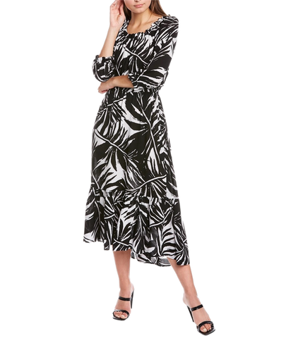 Ruffled Printed Textured Breathable Rayon Crepe Dress with elastic waist and self belt in black floral print