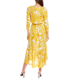 Ruffled Printed Textured Breathable Rayon Crepe Dress with elastic waist and self belt in golden yellow floral print